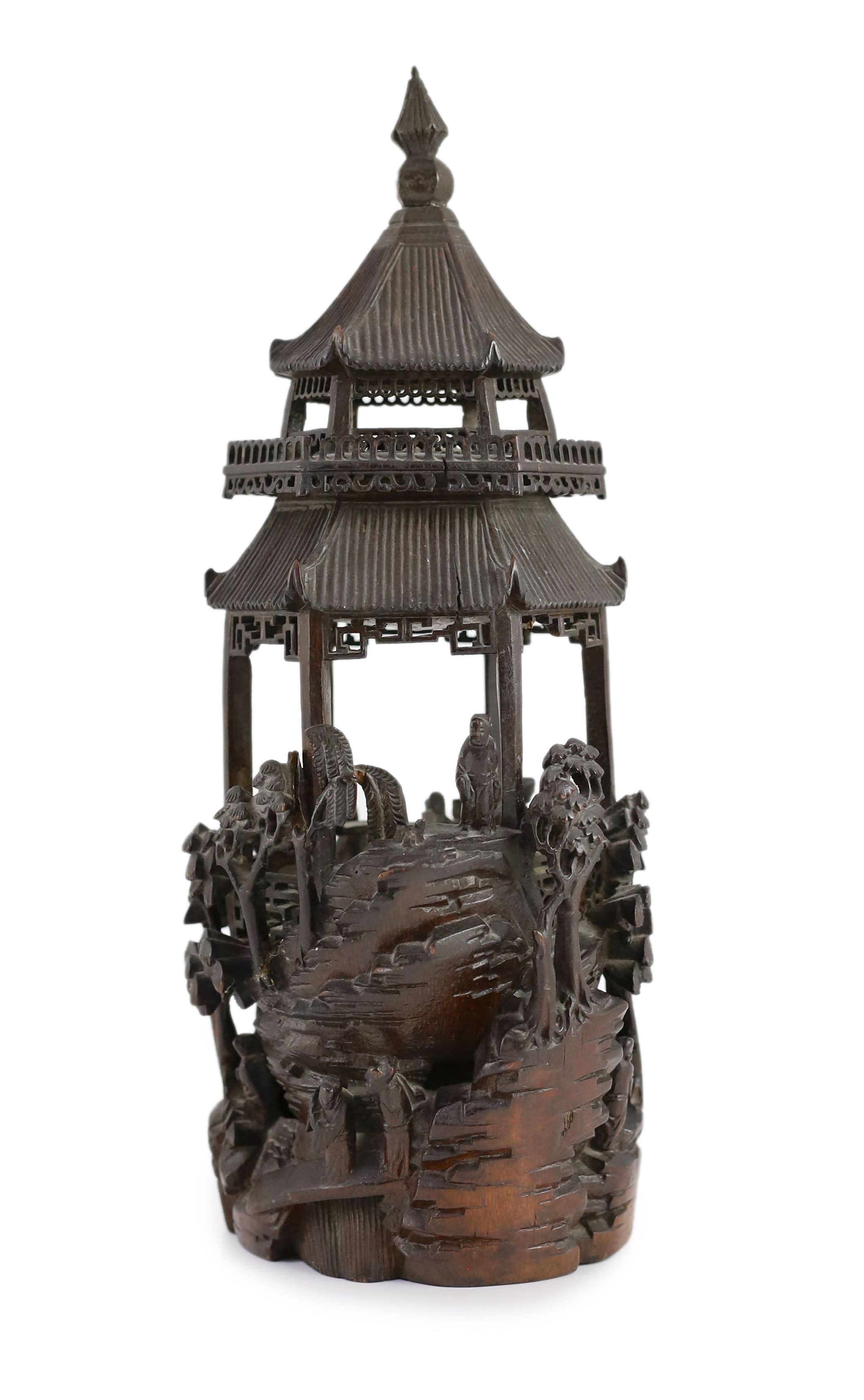 A Chinese bamboo model of a pavilion, 19th century, 37cm high, small losses